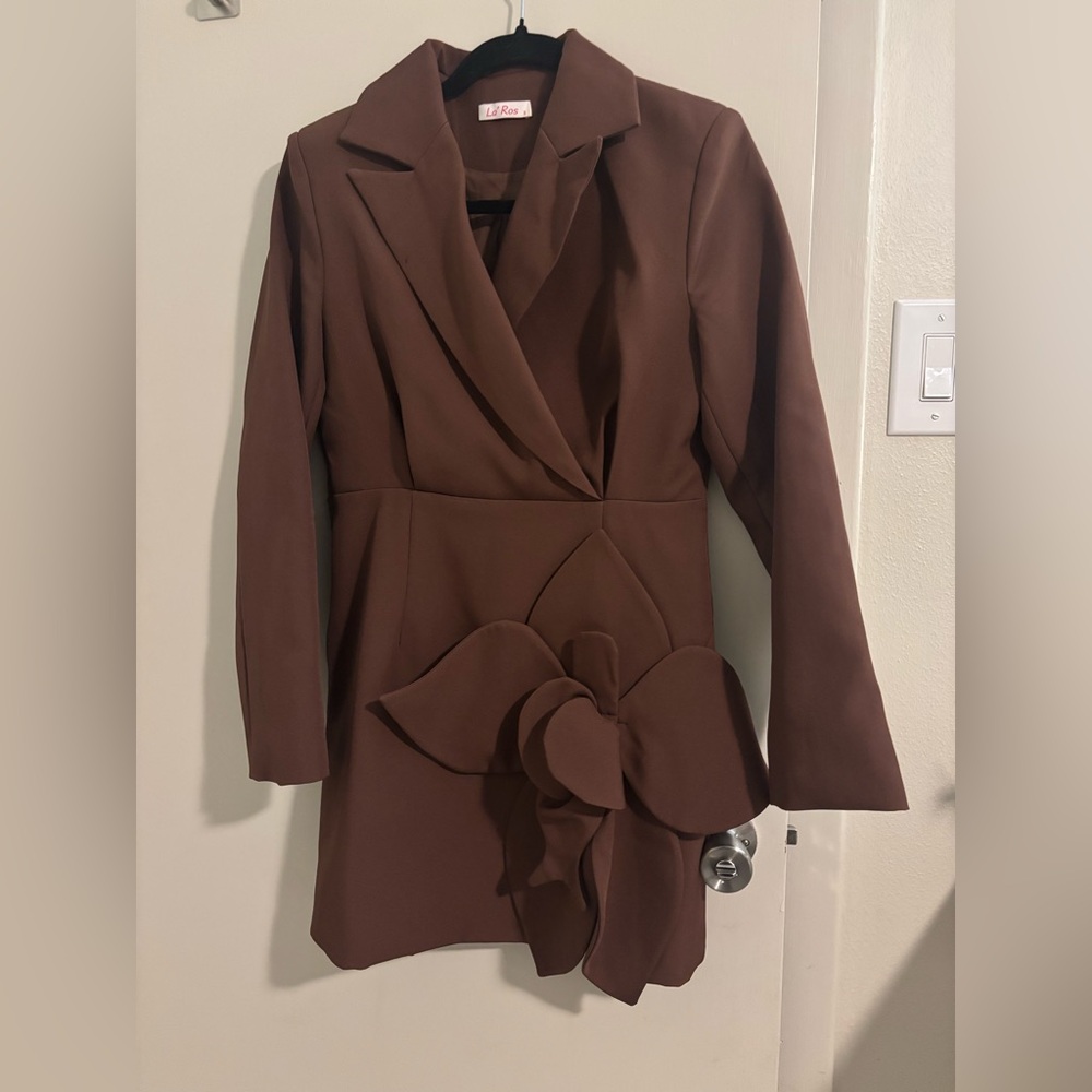 Elegant Brown Blazer Dress with Flower Detail